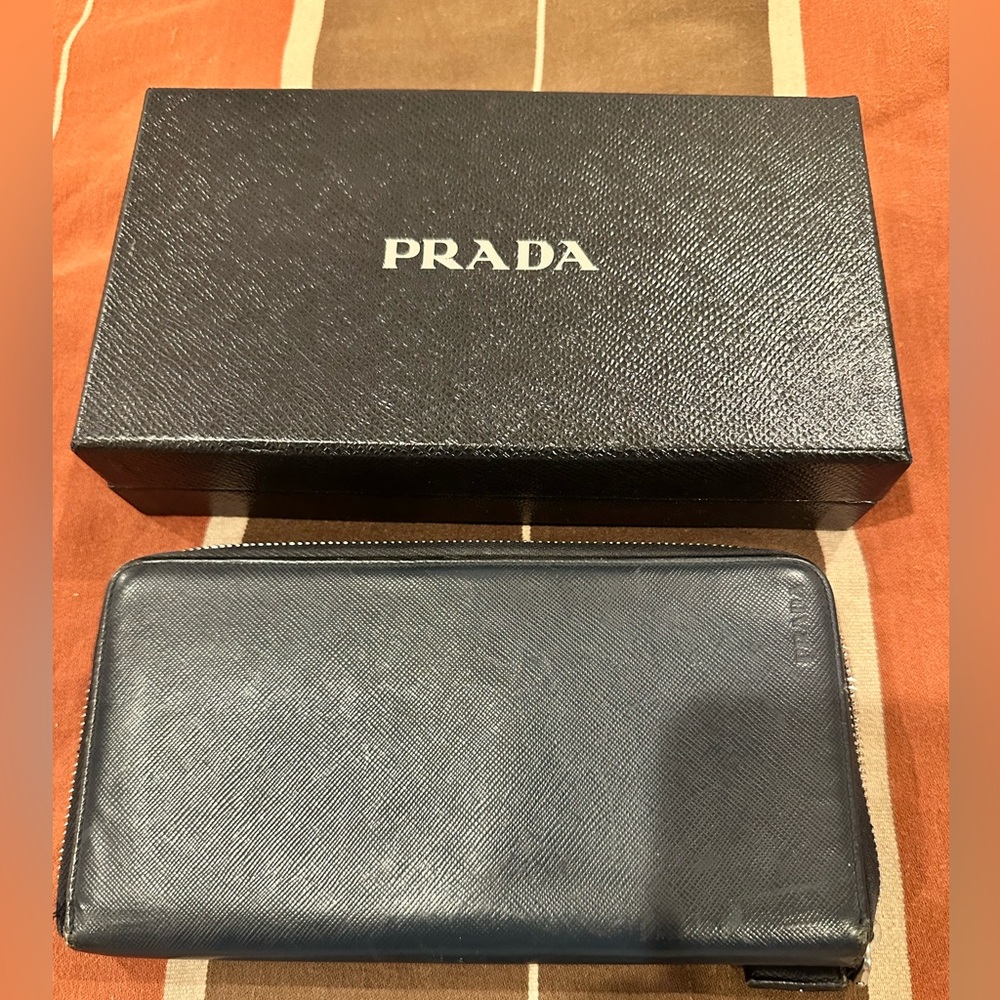 Prada Navy Saffiano Zip Wallet with Logo Box